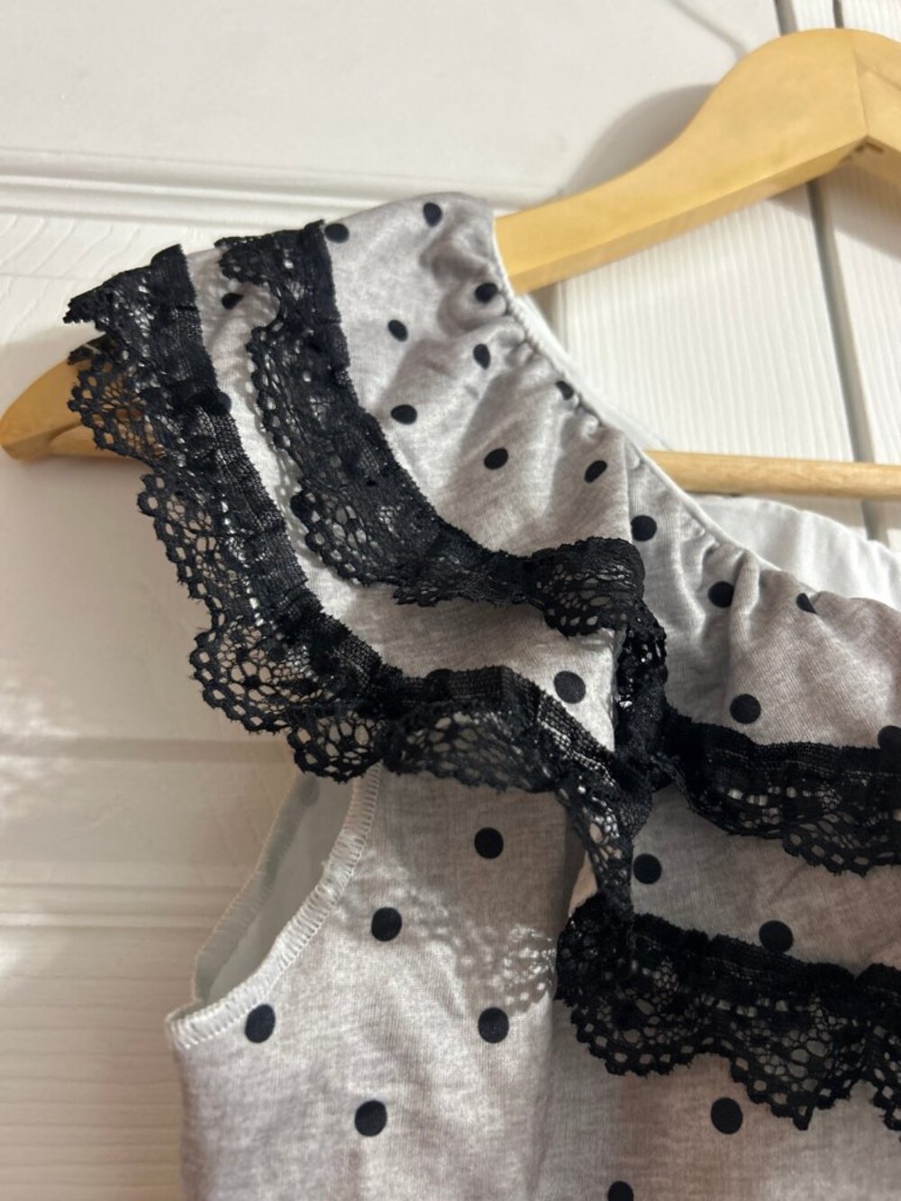 Y2K Kawaii Gray Polka Dot Top with Black Lace Ruffle Neckline – Anime Girl Print
